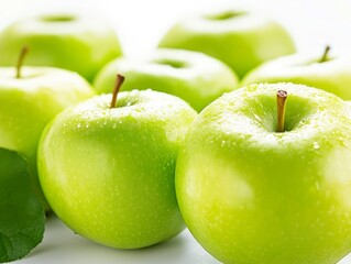 A close-up of fresh green apples with droplets of water, showcasing their vibrant color and texture.