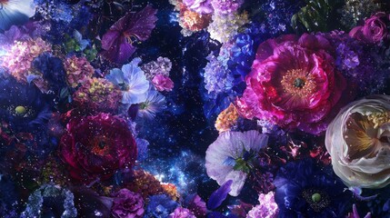 Obraz premium Cosmic Floral Bloom Night Sky Galaxy Flowers Purple Pink Blue Dark Background High Resolution