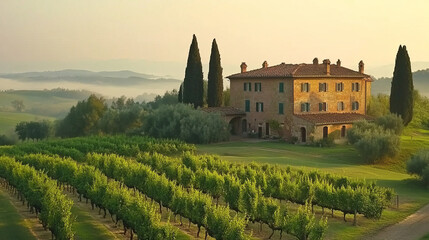 explore the enchanting tuscan vineyard villa: a stunning italian countryside retreat in rolling hills with picturesque sunrise views and a charming vineyard estate near florence