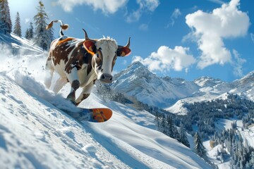 Funny Cow Snowboarding Down a Snowy Mountain Slope, a Humorous Take on Animal Sports