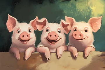 Naadloos Fotobehang Airtex Three cheerful cartoon pigs peering over a fence, conveying a playful and friendly vibe. © protix