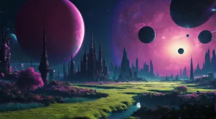 Foto auf Acrylglas Aubergine "Futuristic landscape with pink and purple color scheme, featuring tall cylindrical structures, glowing planet, and dreamlike atmosphere."  © piyawat