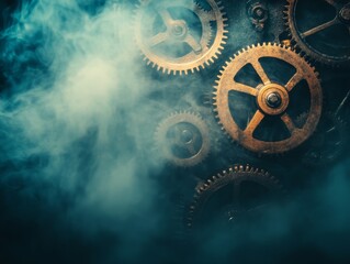 A close-up of intricate gears surrounded by a misty atmosphere, evoking a steampunk aesthetic.