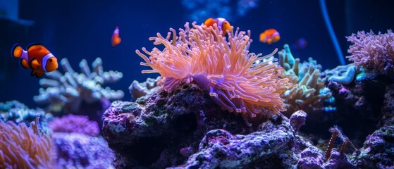 Fototapeta premium Colorful coral reefs, schools of beautiful fishes swimming blue underwater ocean sea