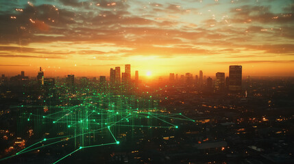 Fototapeta premium Smart Innovation city with connection cyber security network reciprocity over the sunset cityscape future wireless digital city and social media networking systems that connects people in the city