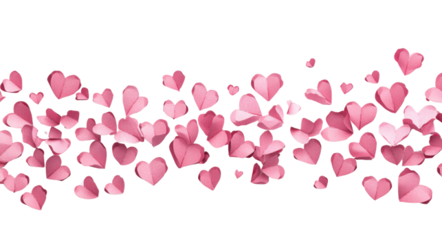 Border made of falling paper hearts transparent background