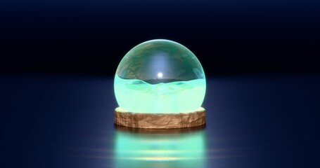 Luminescent waving water within glass globe. Diffraction of light and caustics. 3D rendering.