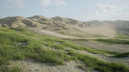 Obraz premium Dramatic Desert Landscape Dust Storm Sandy Hills Grass High Resolution