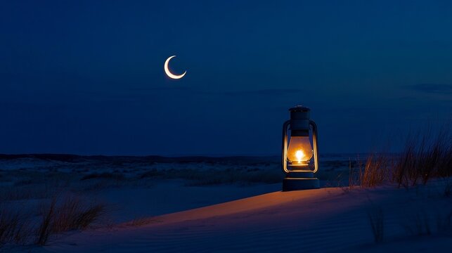 Illuminated lantern and crescent moon on sand dunes