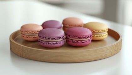 Fototapeta premium Purple macaroon on wooden plate sweet snack tea time
