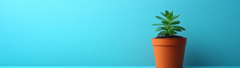 Obraz premium Green little plant in a small pot on a blue background, fresh and vibrant colors, minimalist design, perfect for nature and indoor plant themes