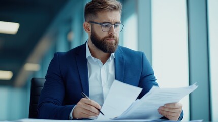 Fototapeta premium Man in a suit reviewing documents in a modern office setting.