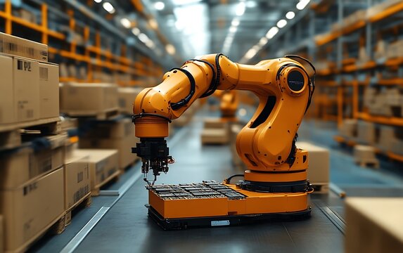 Orange robotic arm moving boxes in warehouse.