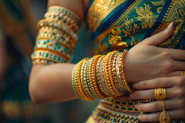 Intricate traditional jewelry adorns a woman's arm, showcasing the beauty of cultural heritage and elegance.