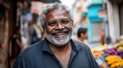 Fototapeta premium Smiling senior man, street market, India, vibrant background, diversity