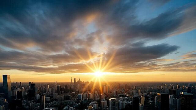 Stunning sunset and sunrise over city skyline with dramatic clouds and light rays