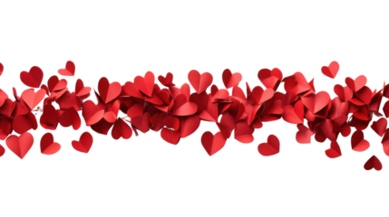 Border made of falling paper hearts transparent background