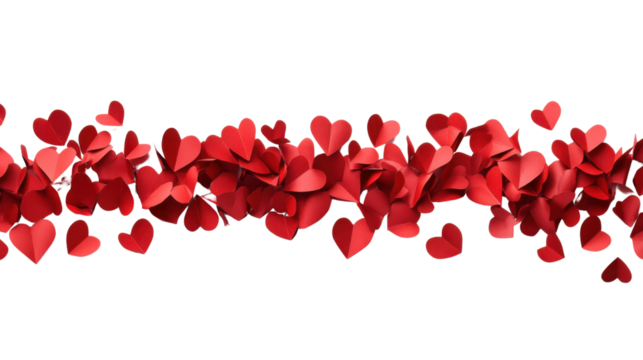 Border made of falling paper hearts transparent background