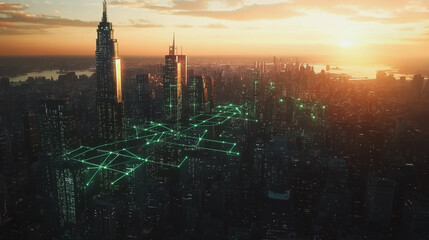 Smart Innovation city with connection cyber security network reciprocity over the sunset cityscape future wireless digital city and social media networking systems that connects people  in the city