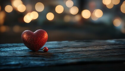 Fototapeta premium Red heart placed on aged wooden surface with bokeh lights in the background, romantic and nostalgic vibe, ideal for Valentine s Day imagery and love quotes