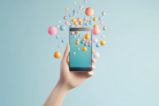 A hand holding a smartphone with colorful spheres floating around it, symbolizing digital interaction.
