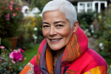 Smiling mature woman in colorful shawl in garden