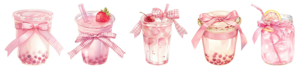PNG Pink drinks with decorative ribbons, element set on transparent background