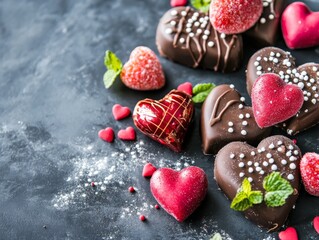 Obraz premium A delightful arrangement of heart-shaped chocolates and strawberries for a romantic occasion.