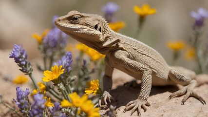 Naklejka premium Wildflower Symphony: A Lizard's Springtime Adventure in Coachella Valley