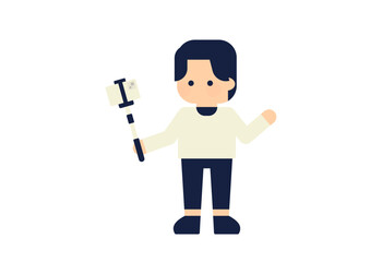 自撮り棒を持ったシンプルな男性のフラットキャラクターイラスト ( ベクター人物素材 デフォルメ シンプル )	