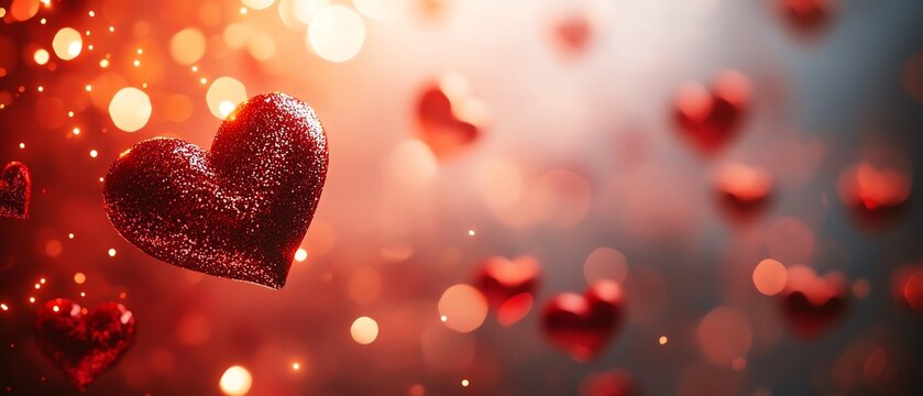 Red hearts scattered on a bokeh background for Valentines Day, sparkling lights creating an enchanting atmosphere, soft and dreamy, perfect for love quotes