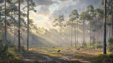 Obraz premium Sunlit Forest Clearing Peaceful Wildlife Scene Misty Morning Tall Pines 8K Resolution