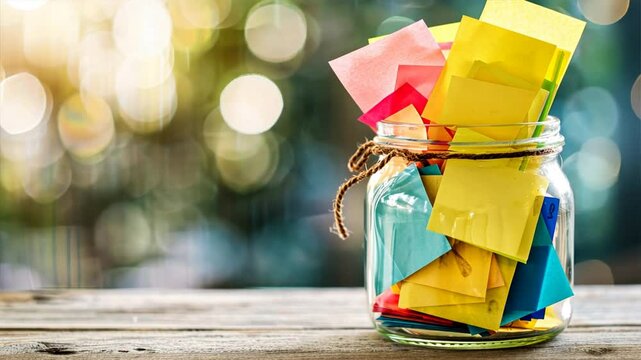 Colorful Sticky Notes in Glass Jar Vibrant Display for Reminders and Organization, Enhancing Creativity with Office Supplies Against Blurred Background.