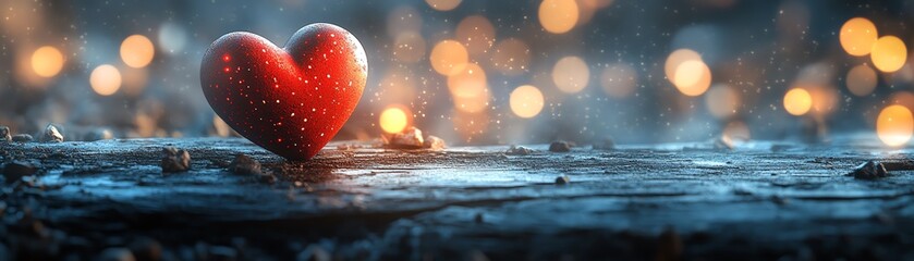 Fototapeta premium Valentine s Day concept Red heart on weathered wood with a dreamy bokeh background, warm glowing lights, symbolizing love and affection, softfocus details
