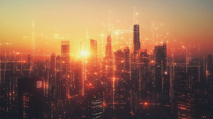 Fototapeta premium Smart Innovation city with connection cyber security network reciprocity over the sunset cityscape future wireless digital city and social media networking systems that connects people in the city