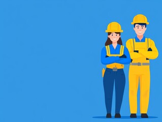 Two cartoon construction workers in hard hats standing confidently against a blue background.