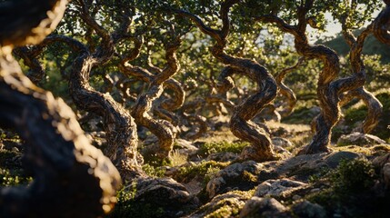 Twisted Trees Forest Landscape Nature Sunlight Moss Rocks Detailed High Resolution