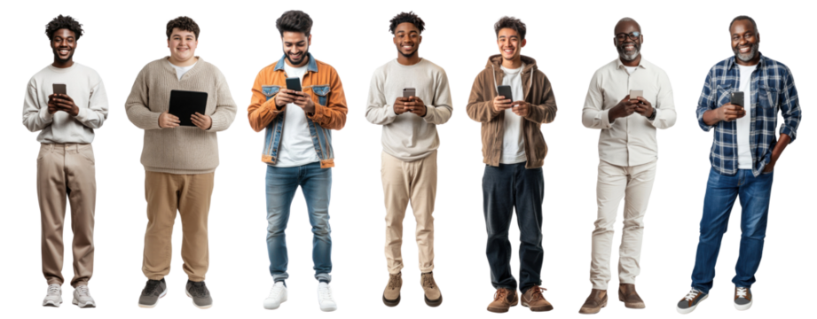 PNG Diverse group using smartphones, element set on transparent background