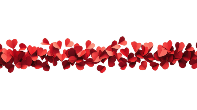 Border made of falling paper hearts transparent background