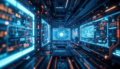 Futuristic Sci-Fi Corridor: Neon Lights, Digital Displays, and Advanced Technology - Stock Image