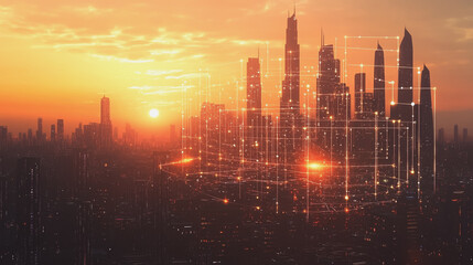 Fototapeta premium Smart Innovation city with connection cyber security network reciprocity over the sunset cityscape future wireless digital city and social media networking systems that connects people in the city