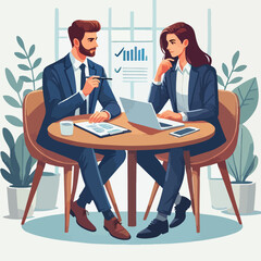 Partners meeting for business discussion with documents and laptop on desk. Couple at round table, speaking, discussing work, partnership. Flat vector illustration isolated on white background