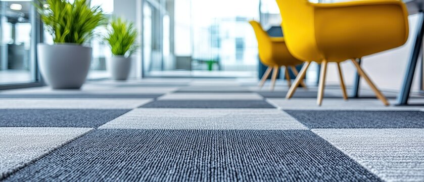 Flooring carpet maintenance concept. Modern office space showcasing a stylish carpet design with yellow chairs and potted plants, creating a vibrant work environment.
