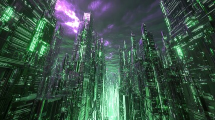 Obraz premium Cyber Cityscape: Dystopian-Futuristic Surrealism 3D Rendering with Neon Lights & Stormy Sky
