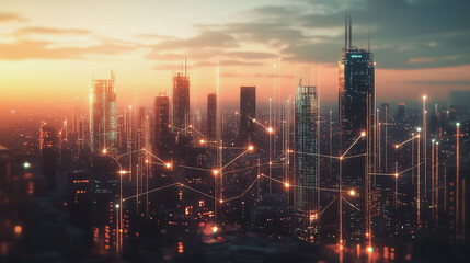 Smart Innovation city with connection cyber security network reciprocity over the sunset cityscape future wireless digital city and social media networking systems that connects people  in the city