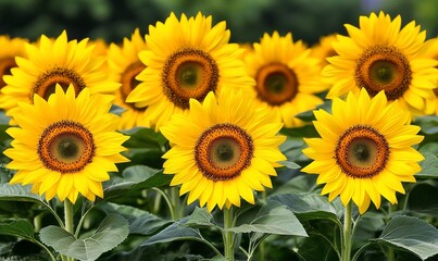 Sunflowers blooming in a field with lush green leaves