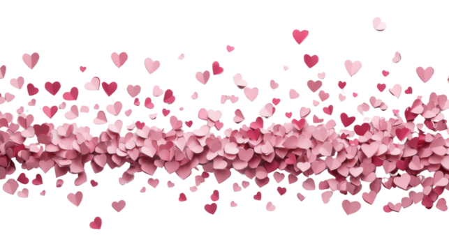 Border made of falling paper hearts transparent background