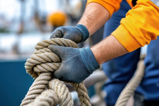 Close-up of a worker tying a thick rope while wearing protective gloves and an orange jacket outdoors.