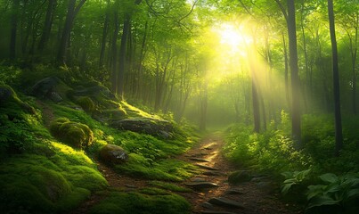 Obraz premium Sunlit forest path with mossy rocks and misty atmosphere