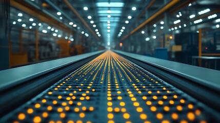 Illuminated conveyor belt in a modern factory.